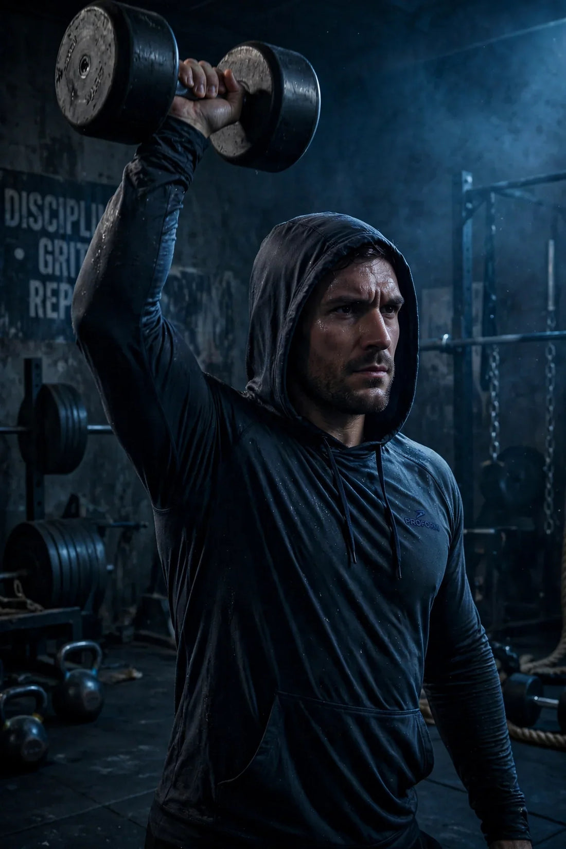 Athlete wearing a dark hoodie in a gritty gym, focused on their workout.